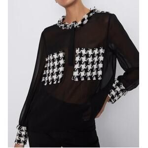 Zara Chemise Black White Houndstooth Tweed Sheer Long Sleeve Button Blouse XS